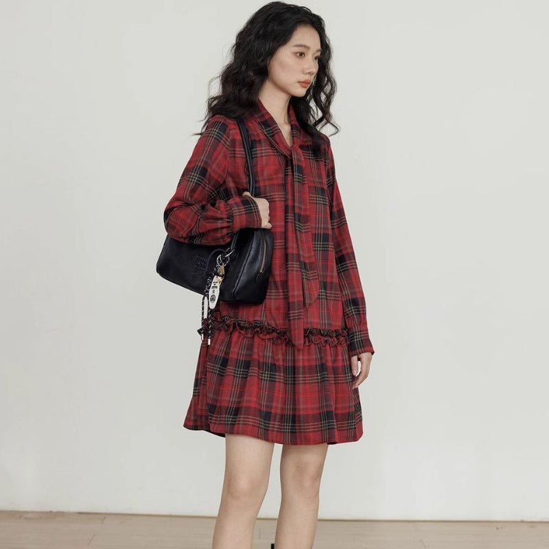 ヴィンテージチェックボウタイミニワンピース