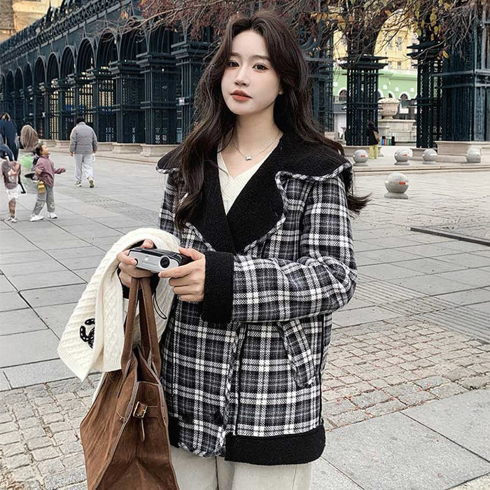 ボア裏ビッグカラーチェックコート