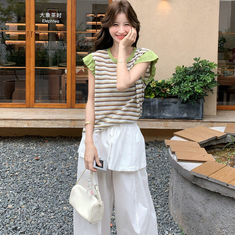ボーダーノースリーブトップス×デザインワイドパンツ