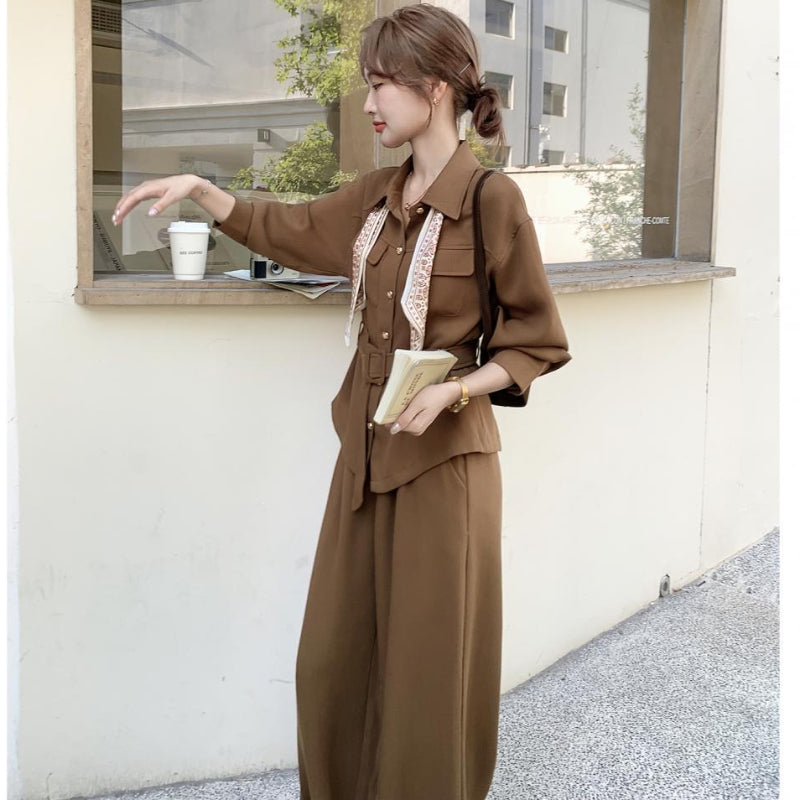 ウエストベルトシャツ×ワイドパンツセットアップ(2colors)