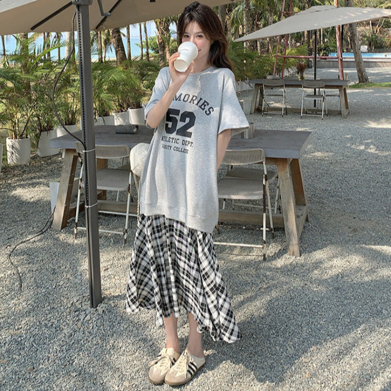 Tシャツ×チェックスカートドッキングワンピース