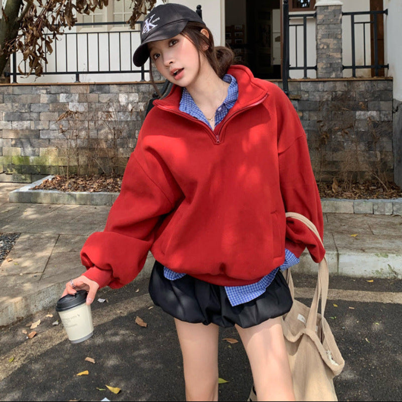 ハーフジップスウェット×チェックシャツ