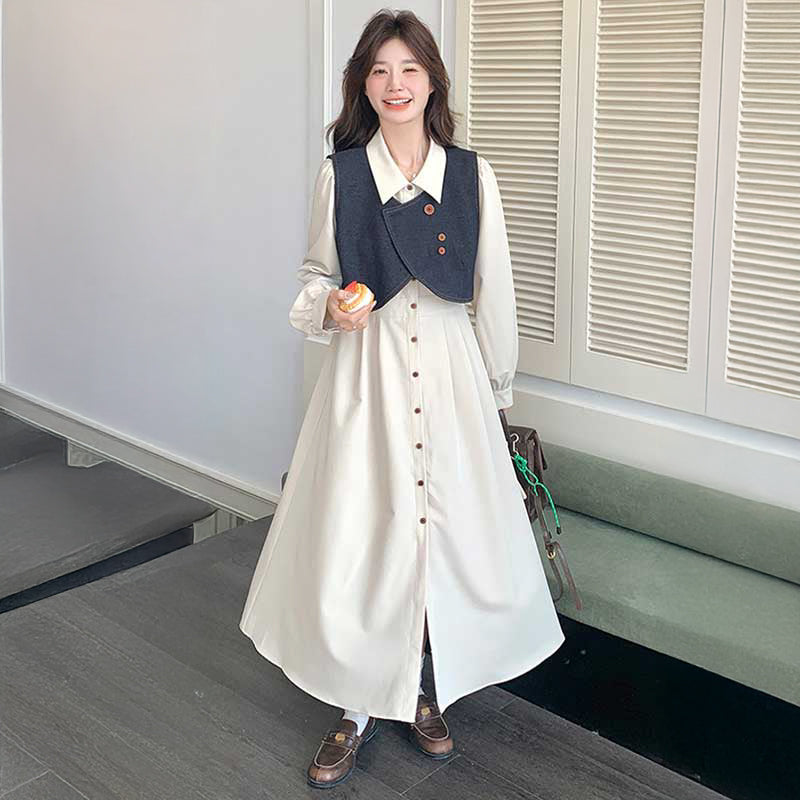 デニムショートベスト×シャツワンピース