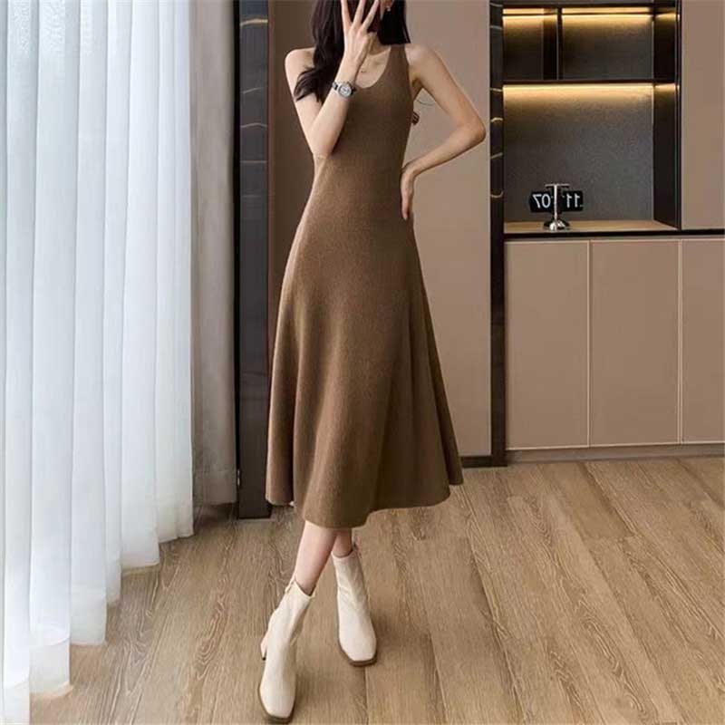 クロップドニット×ノースリーブワンピースSET(3colors)（茶・白・青