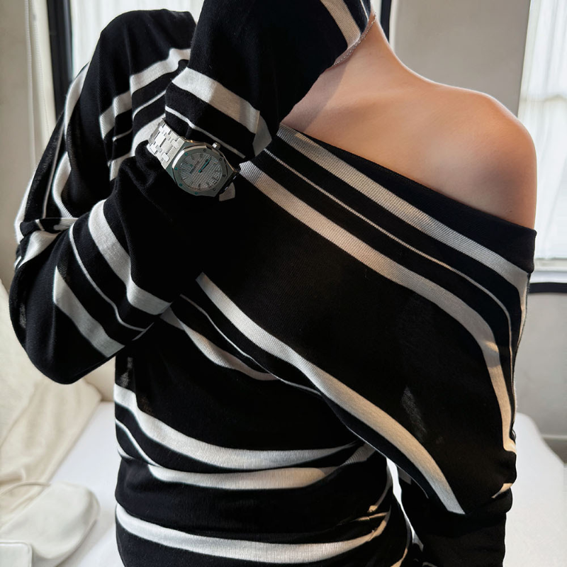 アシメストライプストライプオフショルダートップス(2colors)