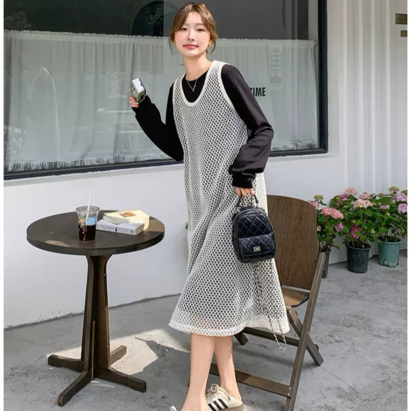 メッシュニット×ブラックワンピースコーデセット