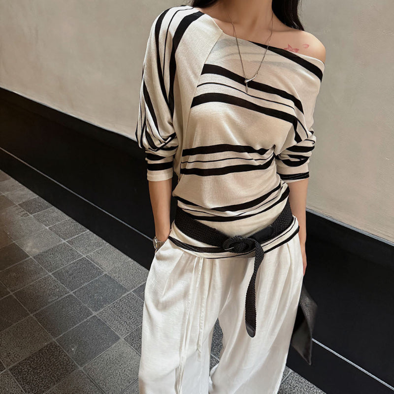 アシメストライプストライプオフショルダートップス(2colors)