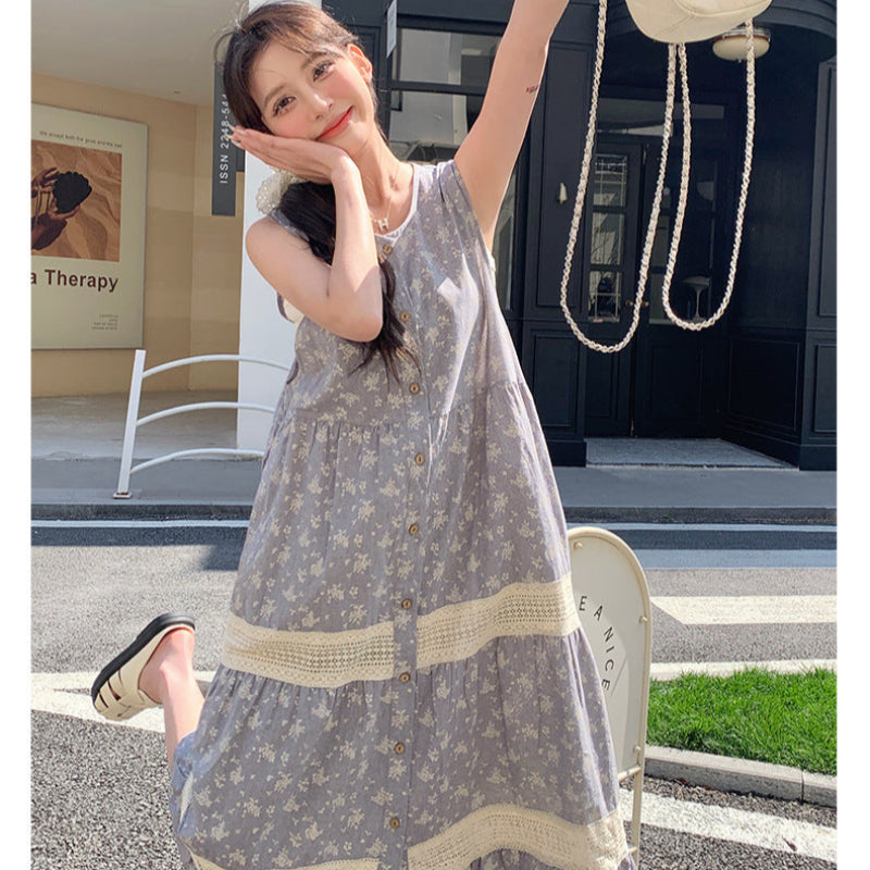 小花柄ノースリーブグレーワンピース