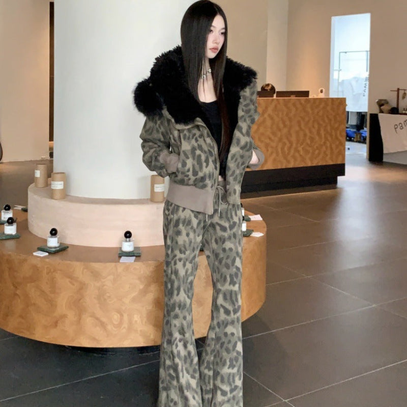 レオパードスウェットファーパーカー×パンツセット