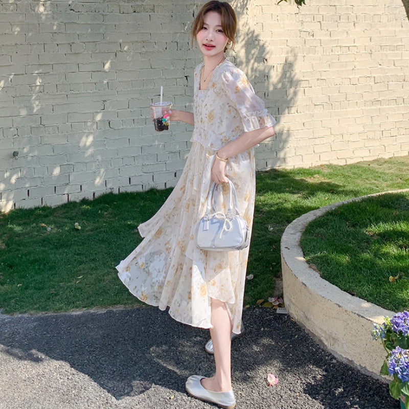 小花柄ハーフスリーブシフォンワンピース