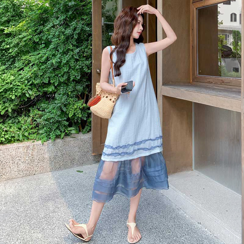 オーガンジー切り替えワンピース（青）春/夏 涼やかなブルーの
