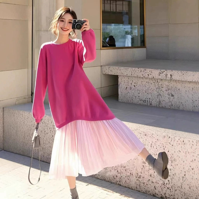 ローズスウェット切り替えプリーツワンピース