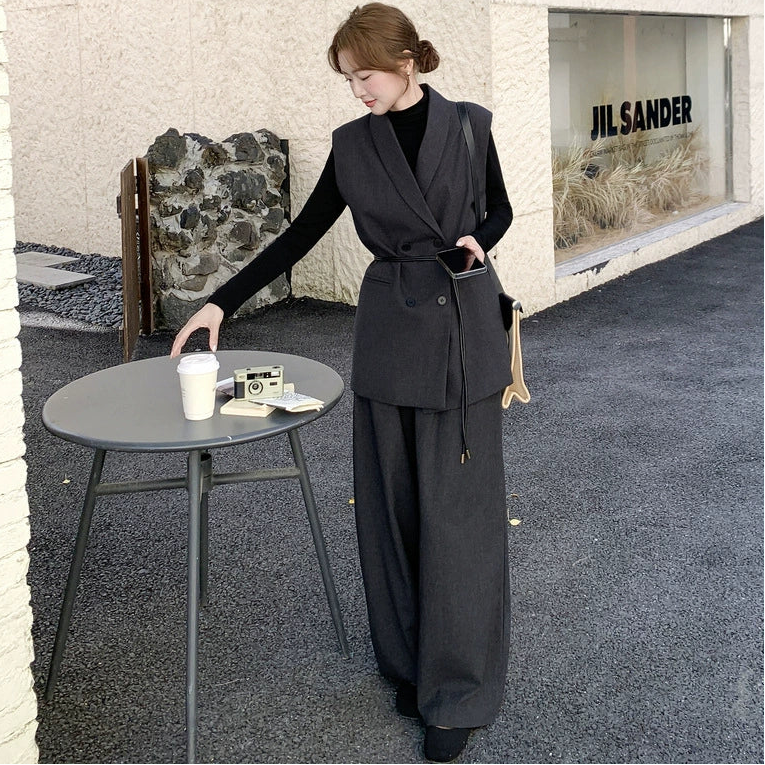 スリーブレスジャケット×トップス×ワイドパンツ3点セット