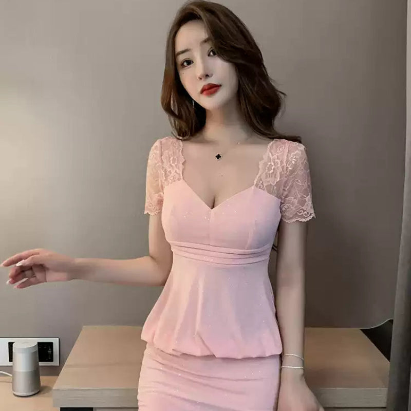 レースショルダーラメミニドレス(4colors)