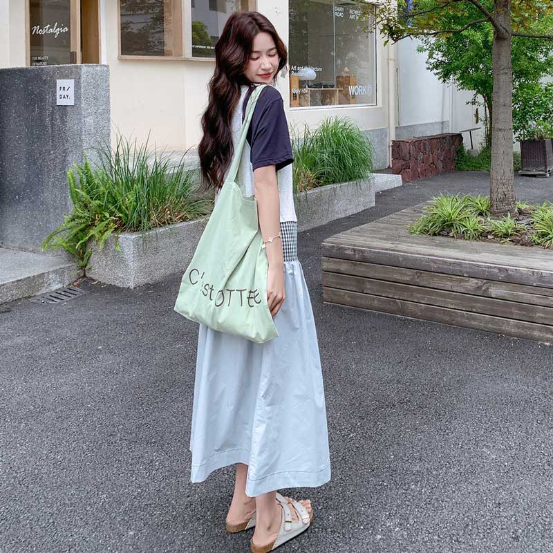 Aラインパッチワークワンピース（青）春/夏 ユニークな切り替えデザイン