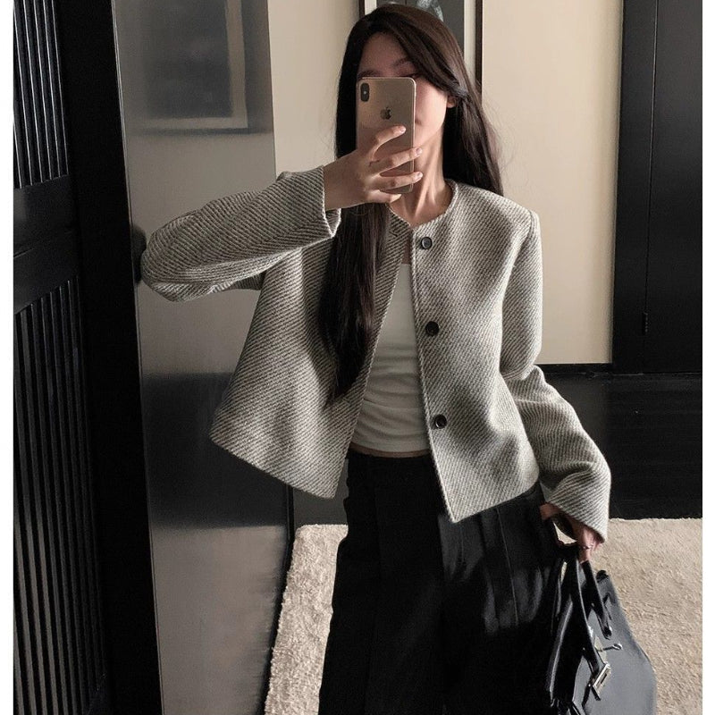 ノーカラーツイードショートジャケット