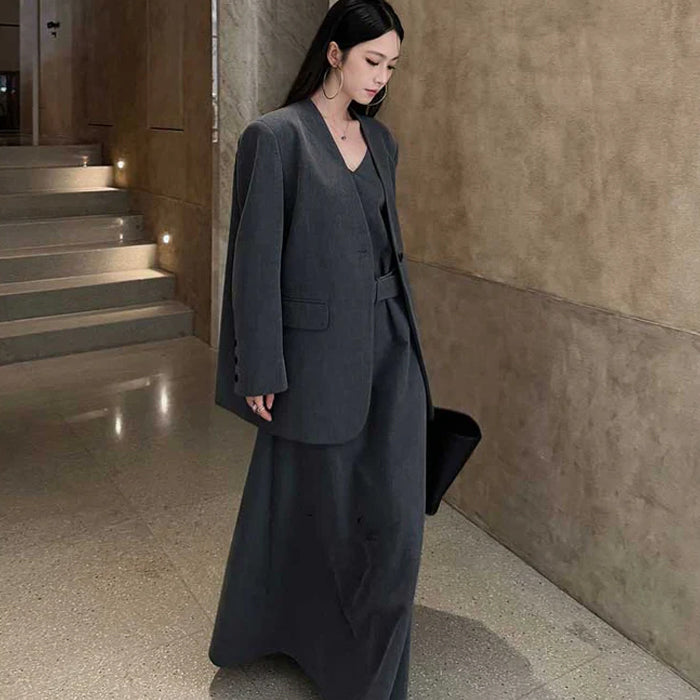 ワイドベルト付きノーカラージャケット(2colors)