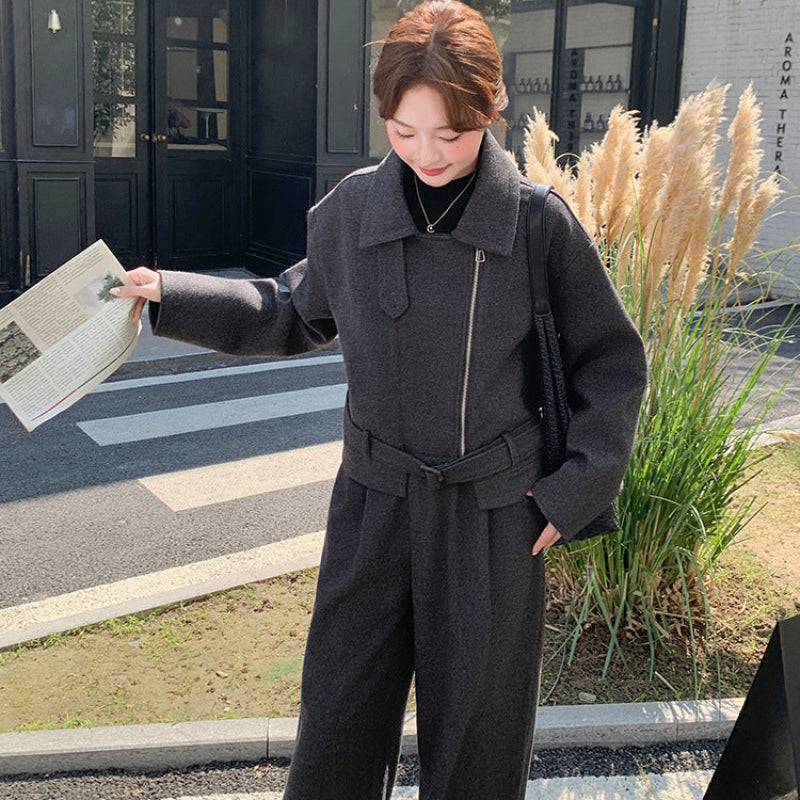 グレージャケット×ワイドパンツスーツ