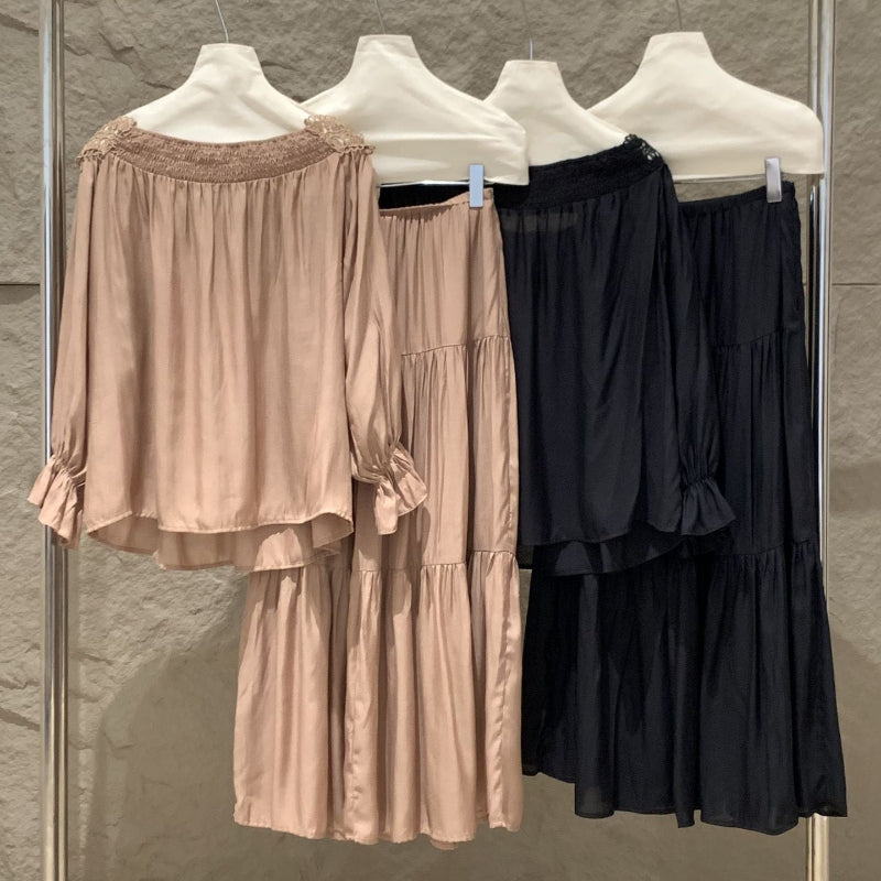 オフショルダーカットソー×ロングスカートセット(2colors)