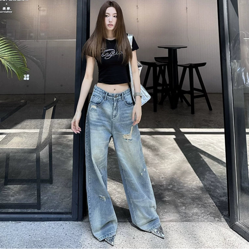 ダメージデニムストレートパンツ