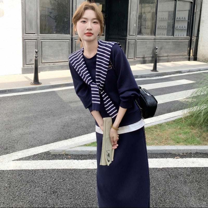 ボーダーショール付きスウェット×スカートセットアップ(2colors)