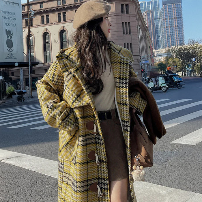 イエローチェックダッフルコート (黄・黒) 秋/冬/春 大人可愛い