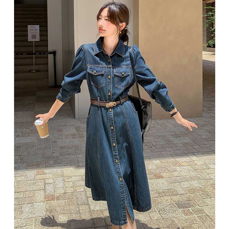 レトロ調デニムシャツワンピース