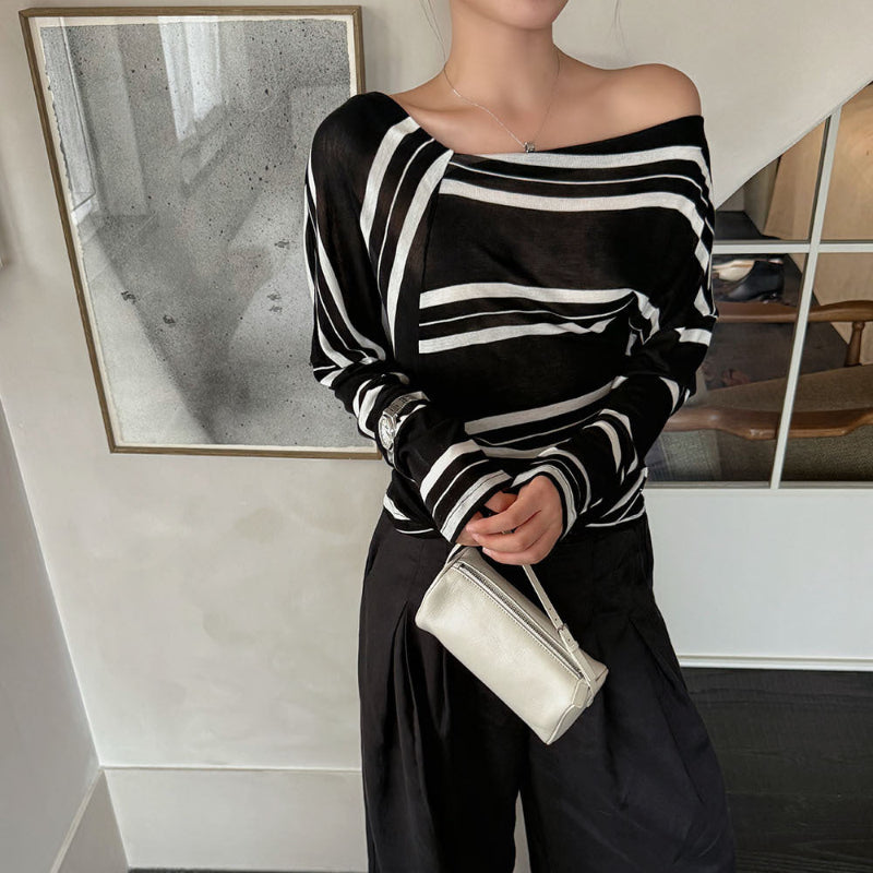 アシメストライプストライプオフショルダートップス(2colors)