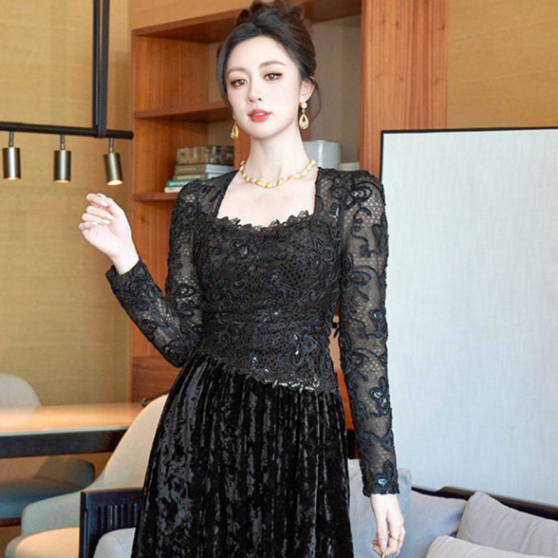 スクエアネック ベルベットドレス(2colors)