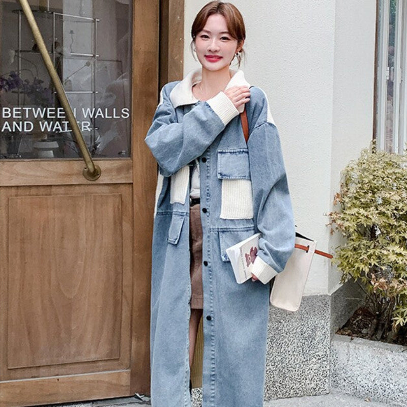 ⑤デニム×ツイード×チュール　パッチワーク ロングコート　大きいサイズ ニットパッチワークデニムロングコート （白・青） 春/秋/冬 デザイン