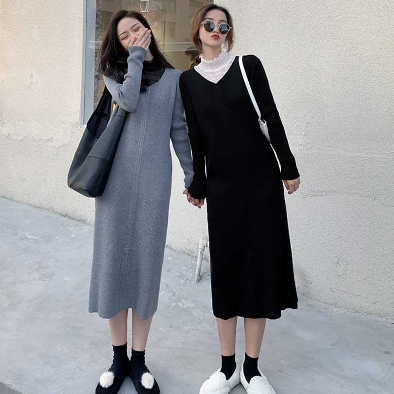 Vネックリブニットワンピース(2colors)