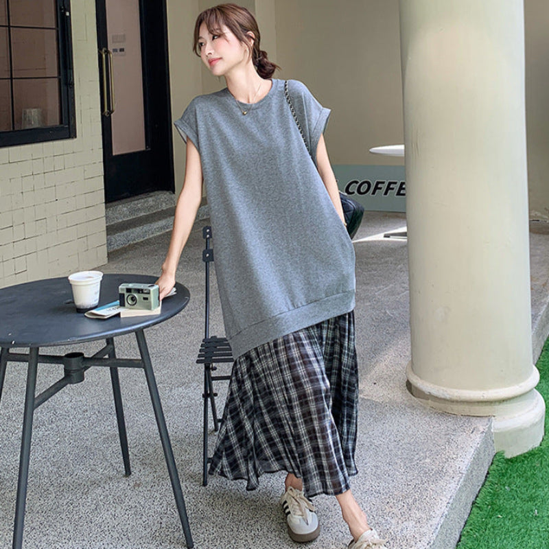 グレーカットソードッキングチェックスカートワンピース