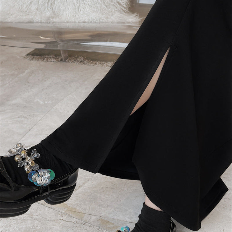 シフォンロングスリーブブラックワンピース