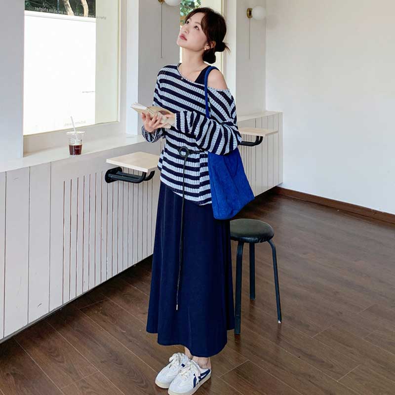 アシンメトリーボーダートップス×リラックスワンピース