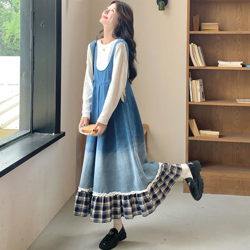 トリムチェックデニムジャンパースカート