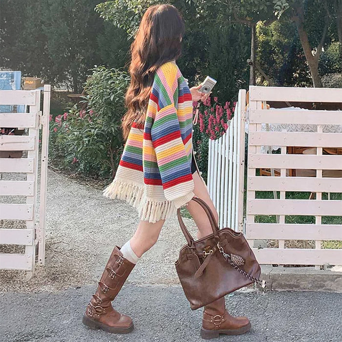 マルチボーダーフリンジカーディガン