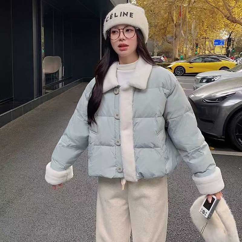 ファー襟ショート丈ダウンジャケット(2colors)（ピンク・青）秋/冬