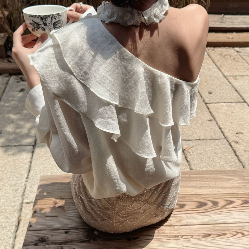 ワンショルダーフリルカラーブラウス(3colors)