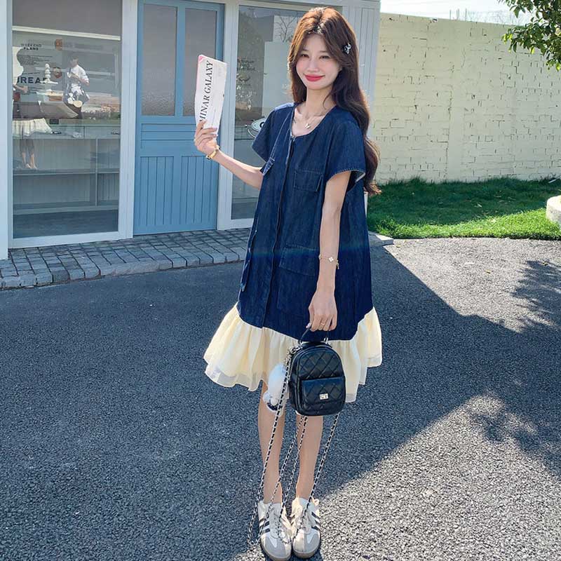裾シフォンワークデニムワンピース