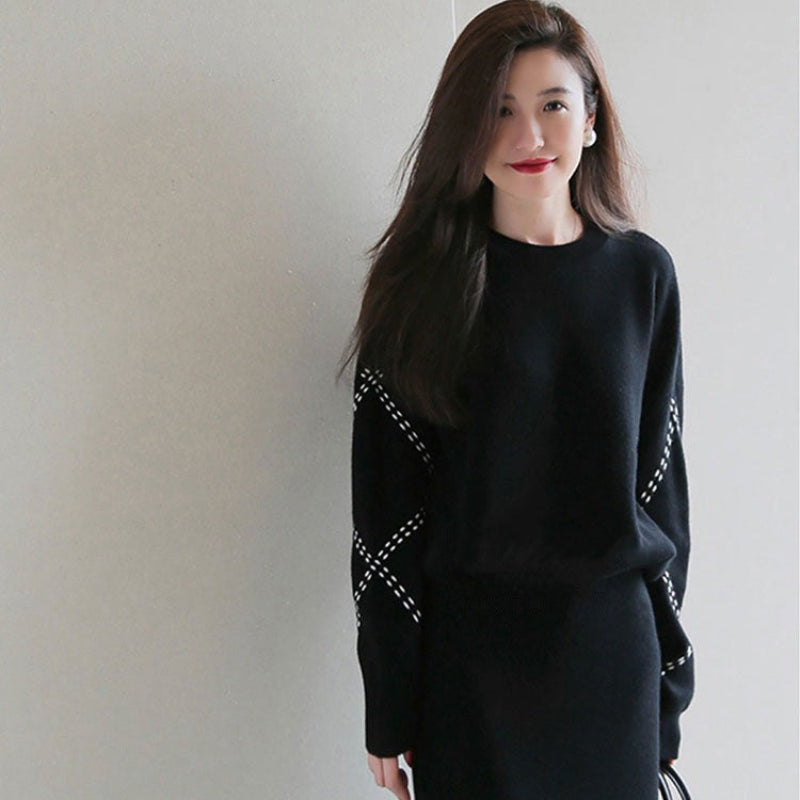 ステッチスリーブニット×スカートツーピースセット(3colors)