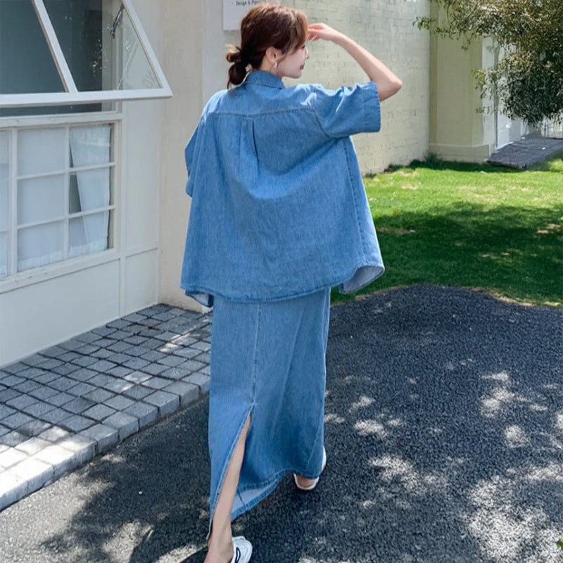 デニムシャツ×スカートセットアップ