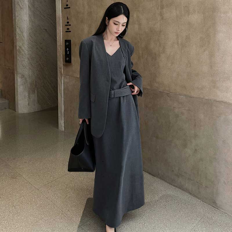 ワイドベルト付きノーカラージャケット(2colors)