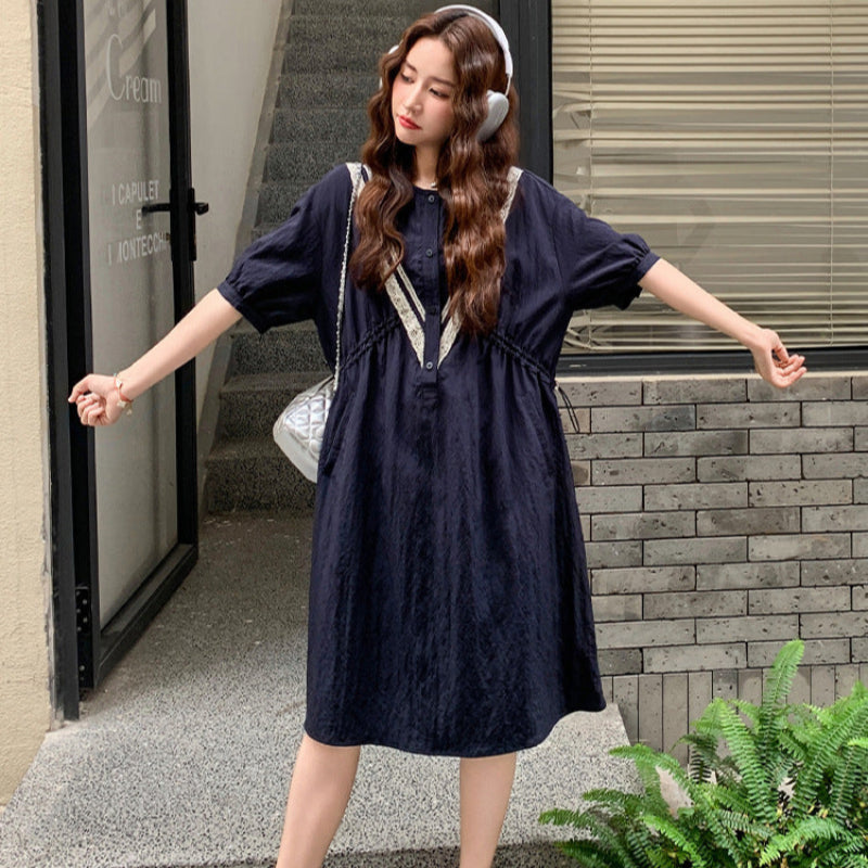 ネイビーVラインデザイン5分袖ワンピース（紺）春/夏/秋 配色V