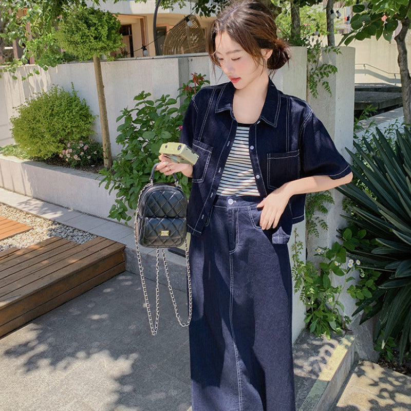 デニムシャツ×スカートセットアップ