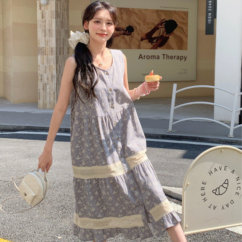 小花柄ノースリーブグレーワンピース