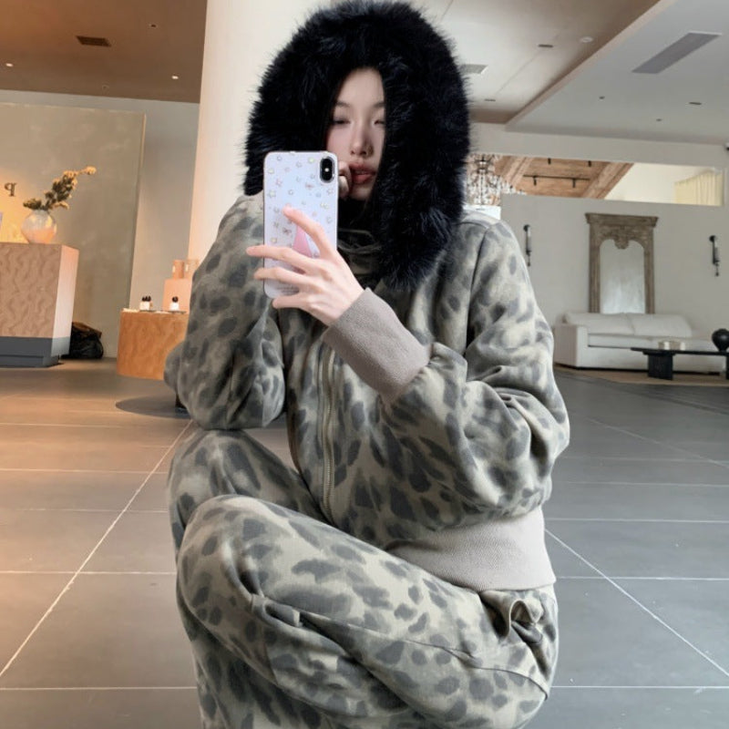 レオパードスウェットファーパーカー×パンツセット