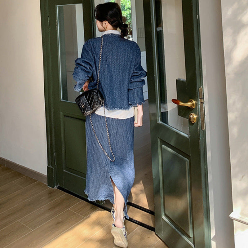 デニムジャケットスカートスーツ×ブラウス3点セット