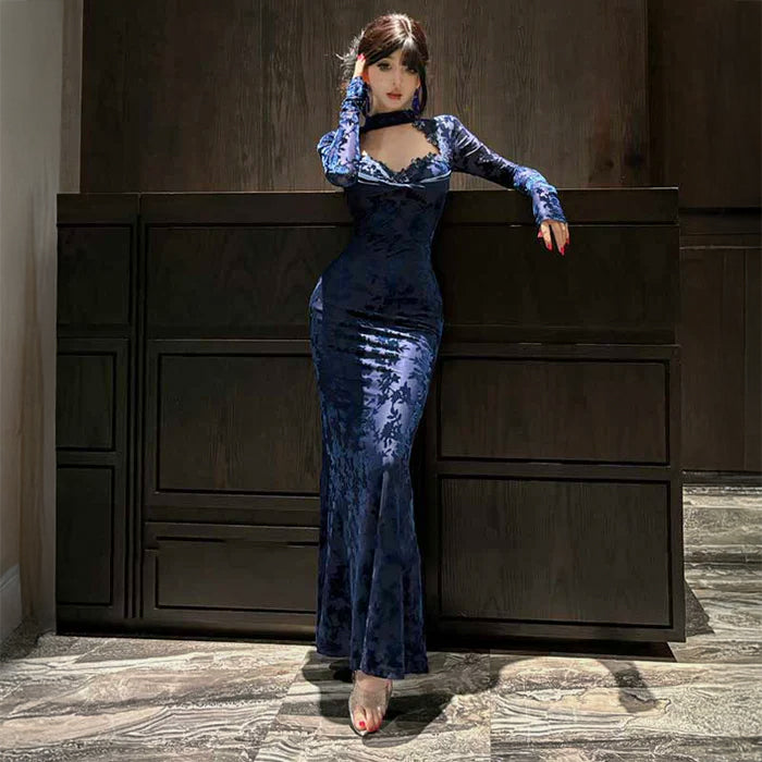 チョーカー風ロングレースドレス(2colors)（黒・青）セクシーな