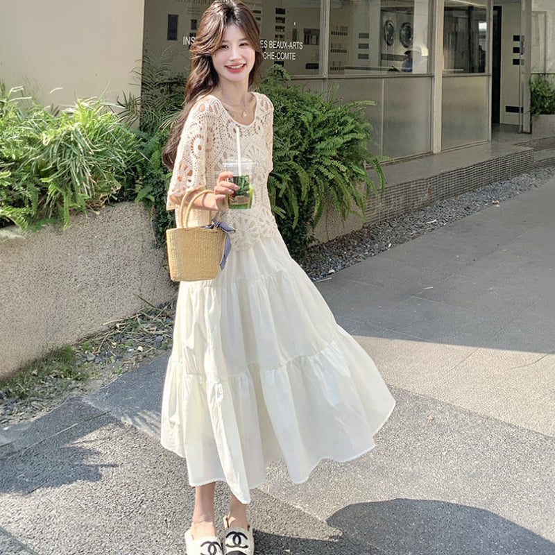 かぎ針編みトップス×ティアードキャミワンピース