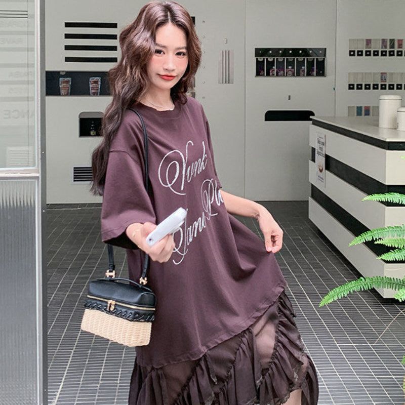 アシメチュール切り替えTシャツワンピース